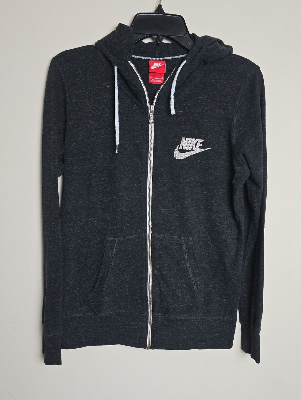 Women Nike Dark Gray Hooded Zip Sweatshirt with White Logo